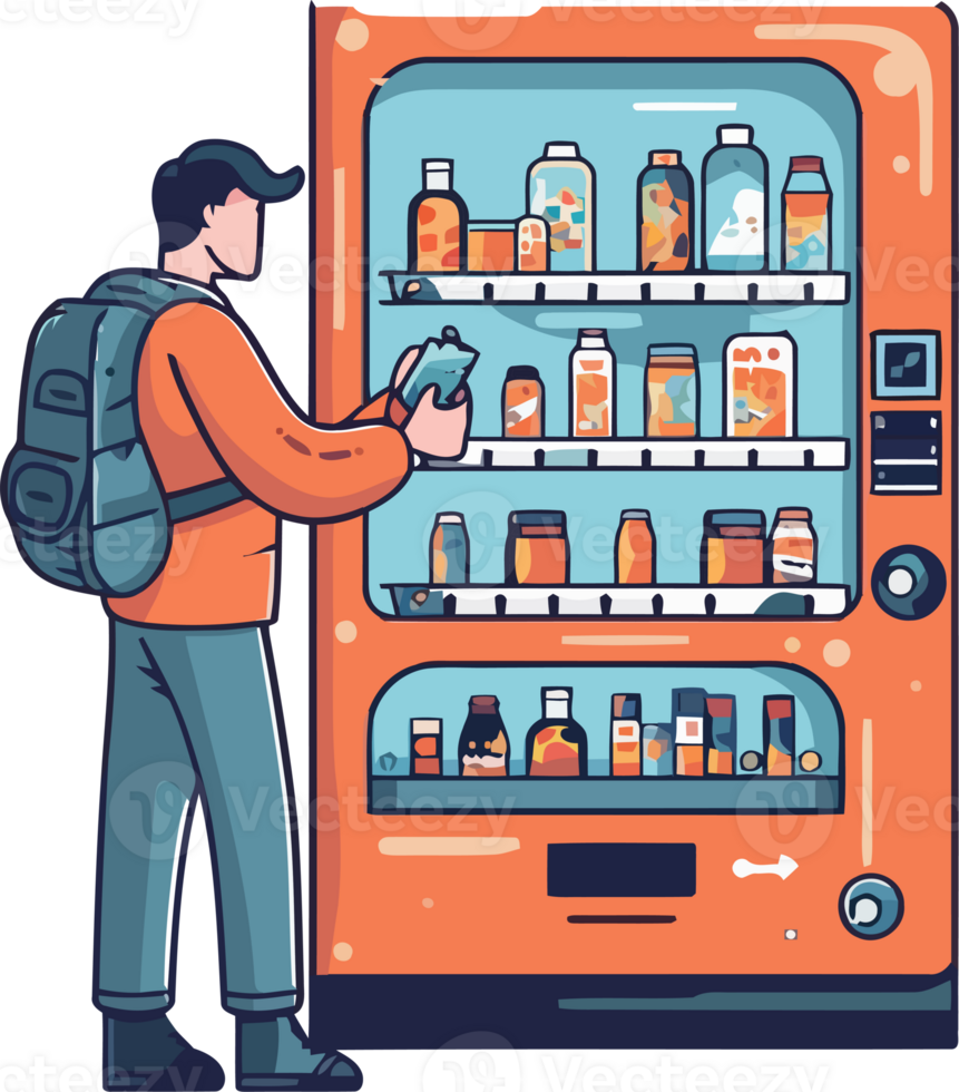 Man in orange backpack standing in front of a vending machine png