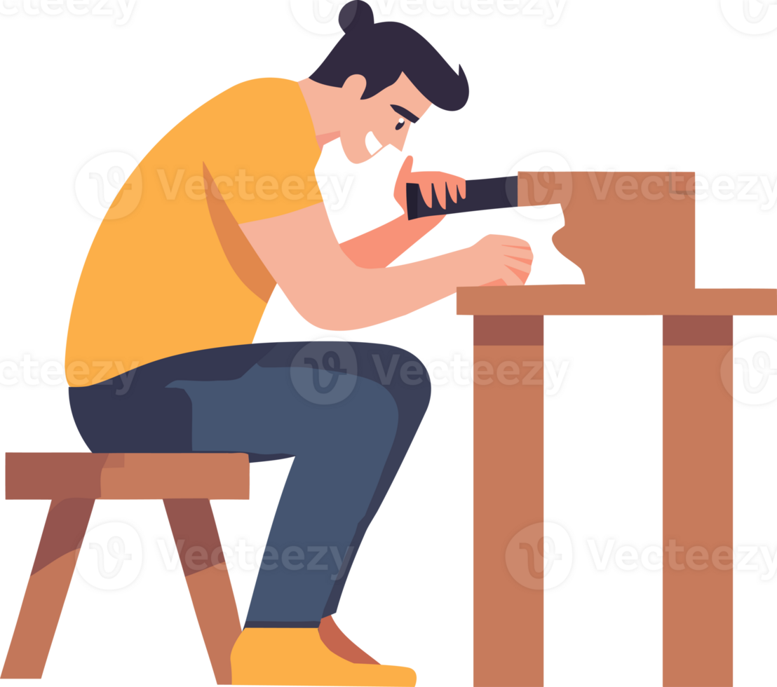 A man is working on a wooden table with a tool png