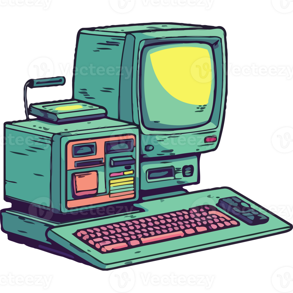 An old computer with a keyboard and monitor png