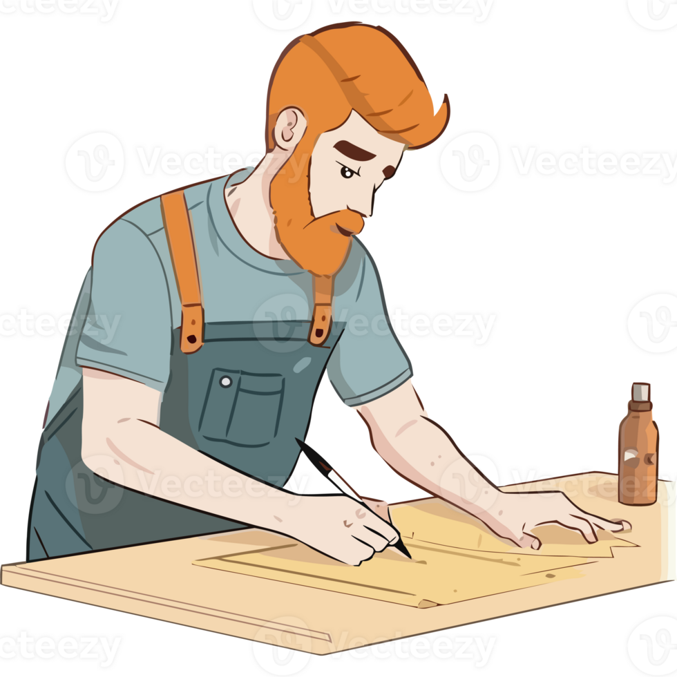 A bearded man in overalls is writing on a piece of paper png