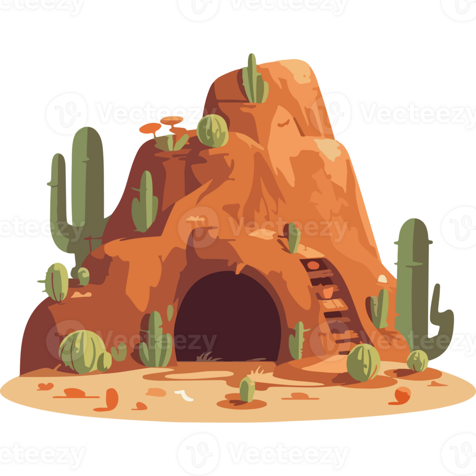 An illustration of a cave with cactus plants png