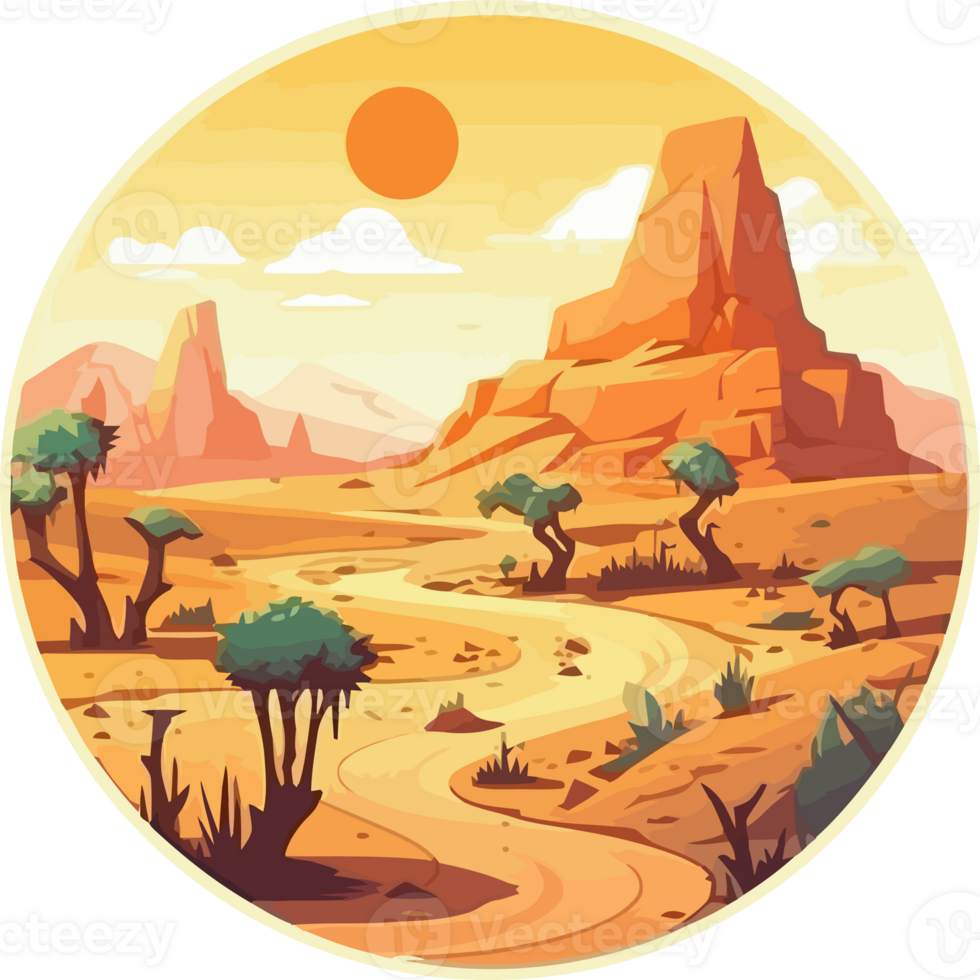 A desert landscape with a road and trees png