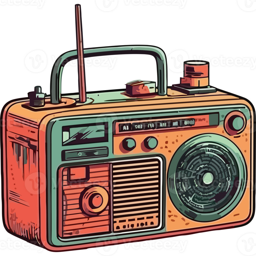 An old radio is shown in a retro style png