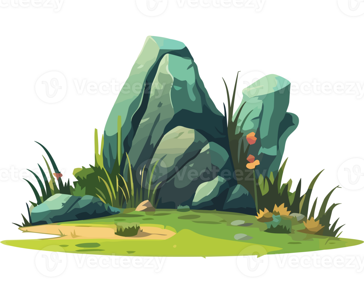 Cartoon illustration of a grassy field with rocks and plants png