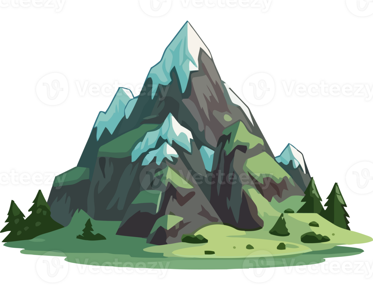 Cartoon mountain with trees and grass png