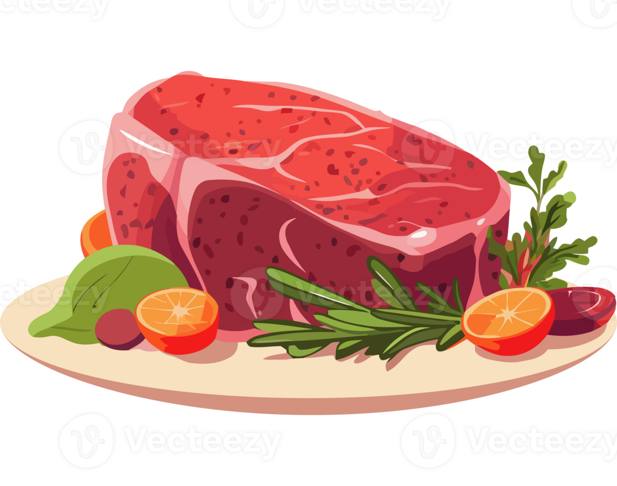 Steak with vegetables and herbs on a plate png