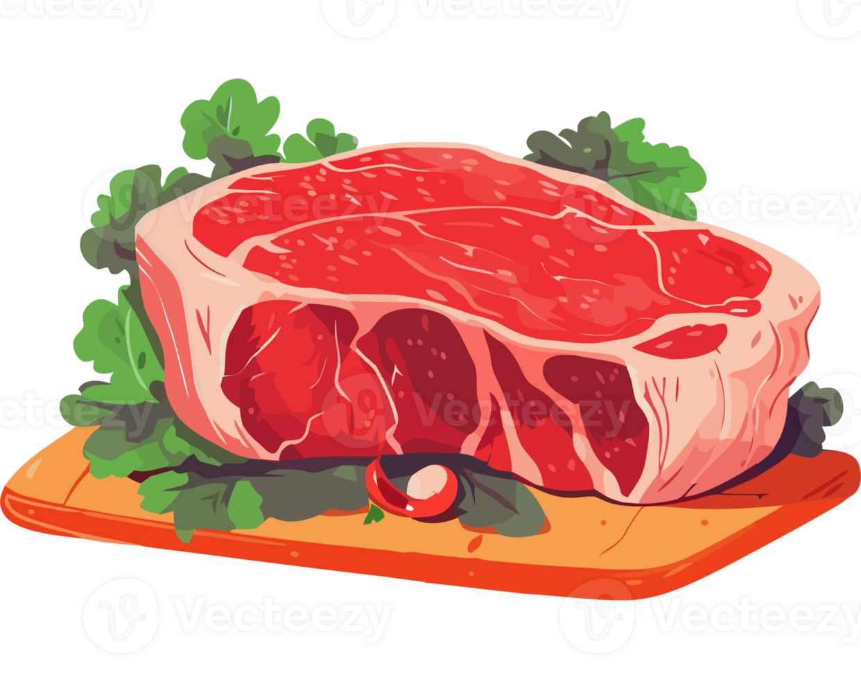 Steak on a cutting board with vegetables png