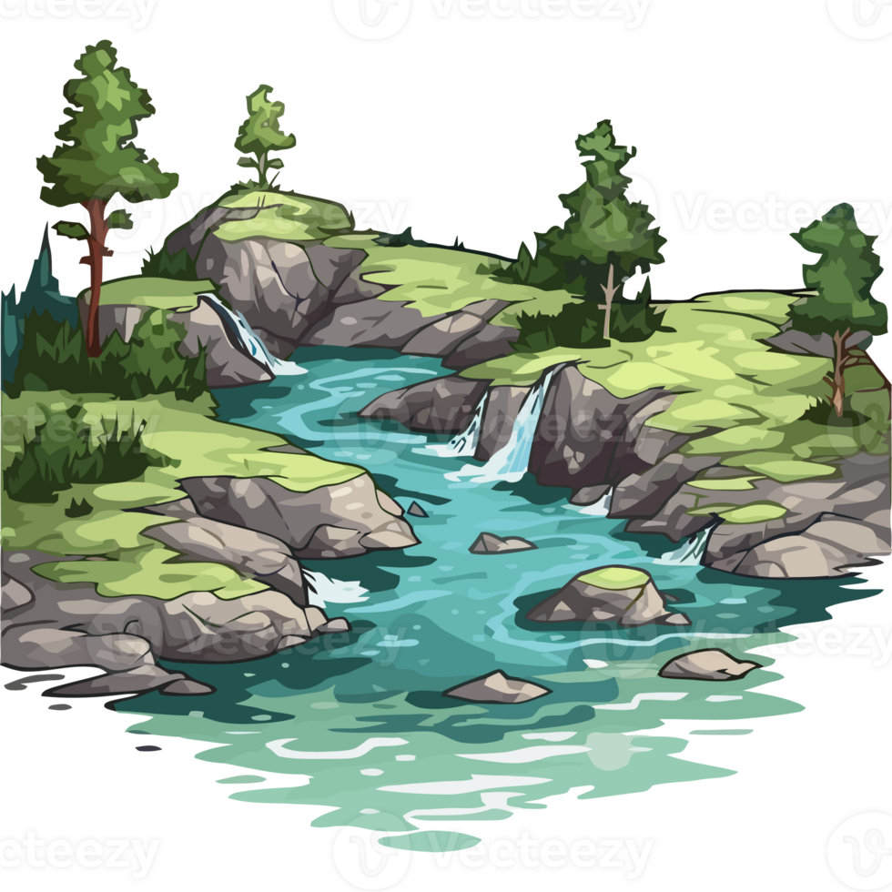 A cartoon river with trees and rocks png