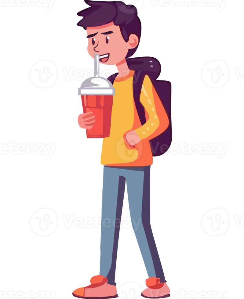A man with a drink and backpack is standing with a drink png