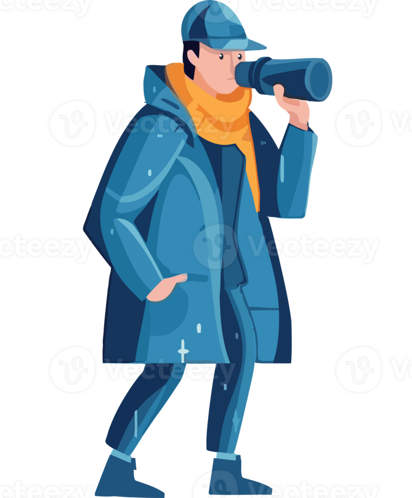 Man in blue coat and hat looking through binoculars png