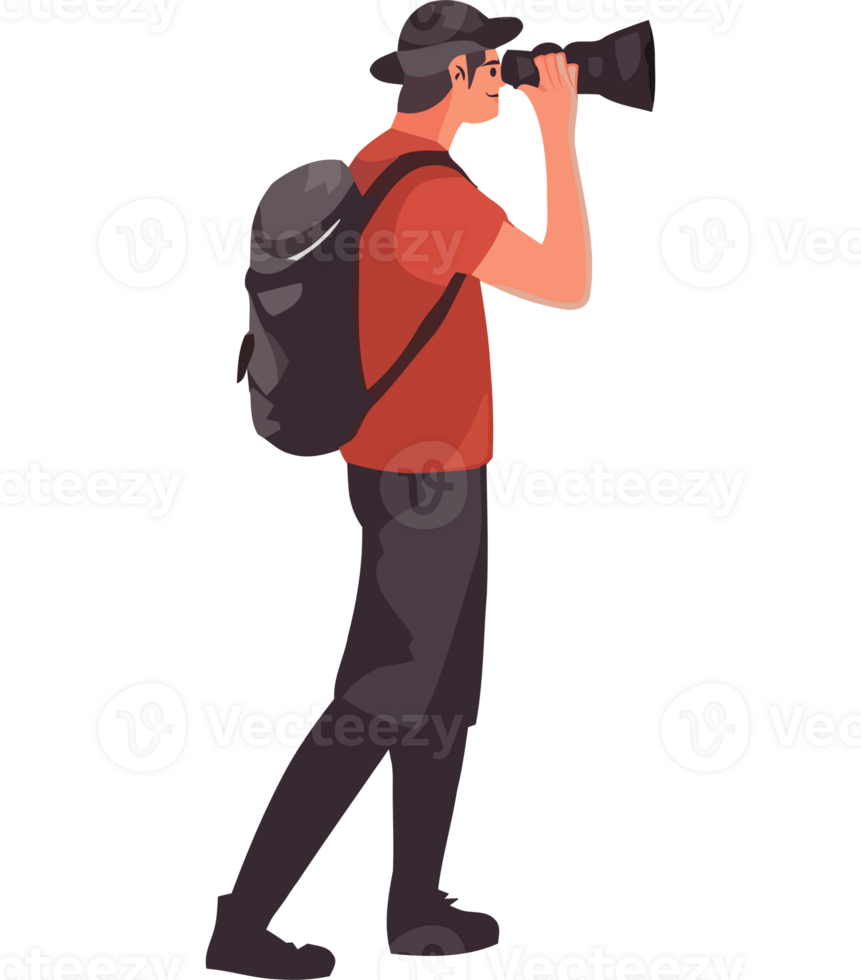 A man with a backpack and a camera is looking through a lens png