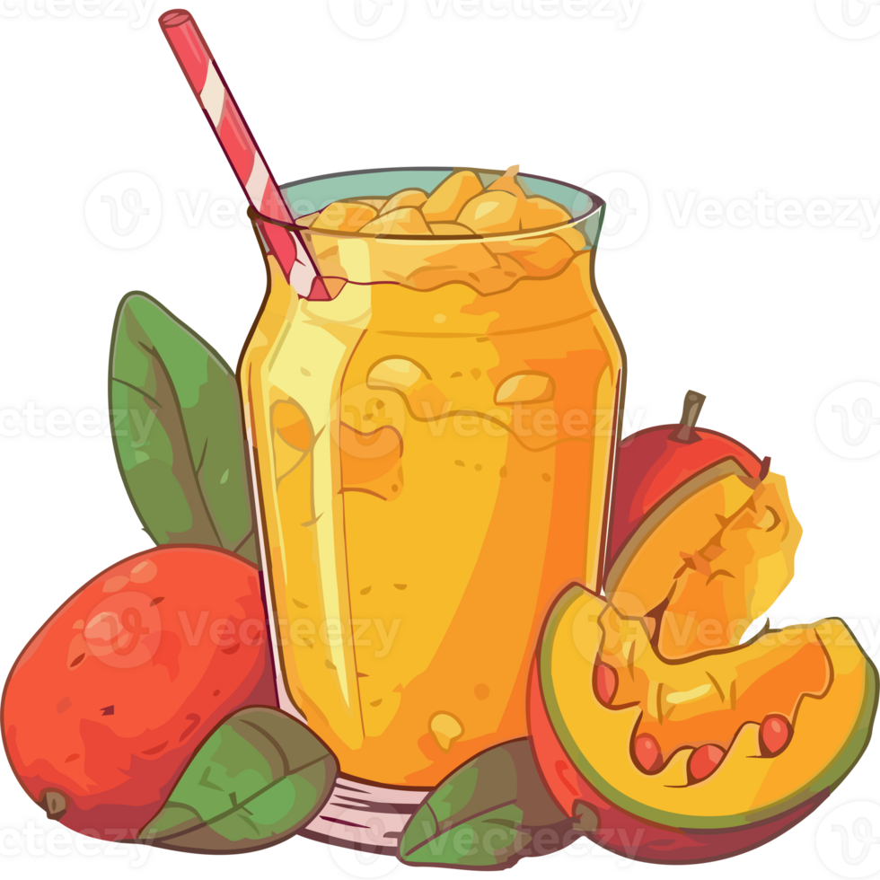 Mango smoothie with mango slices and a straw png