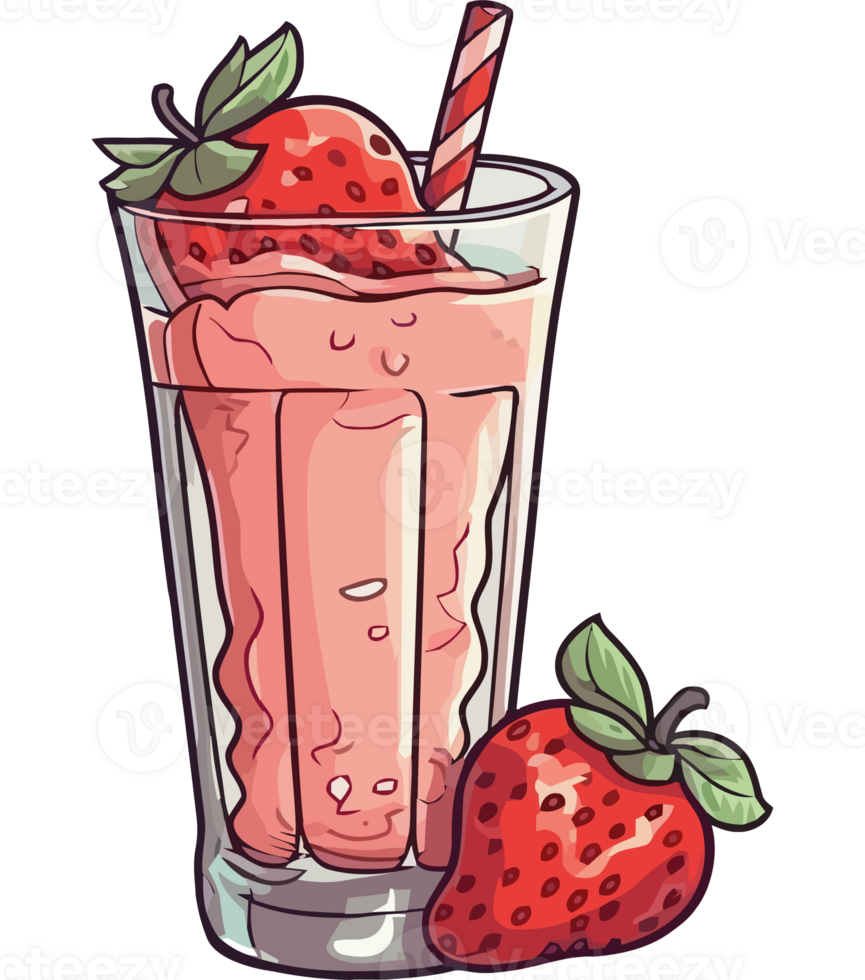 A strawberry milkshake with a straw and strawberries png