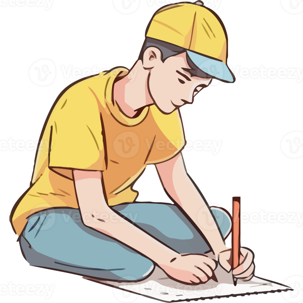 A boy writing on paper with a pencil png
