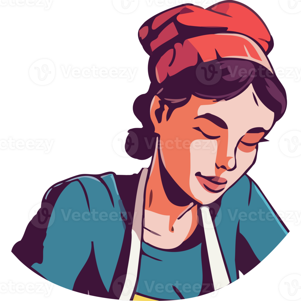 A woman in an apron is cooking food png