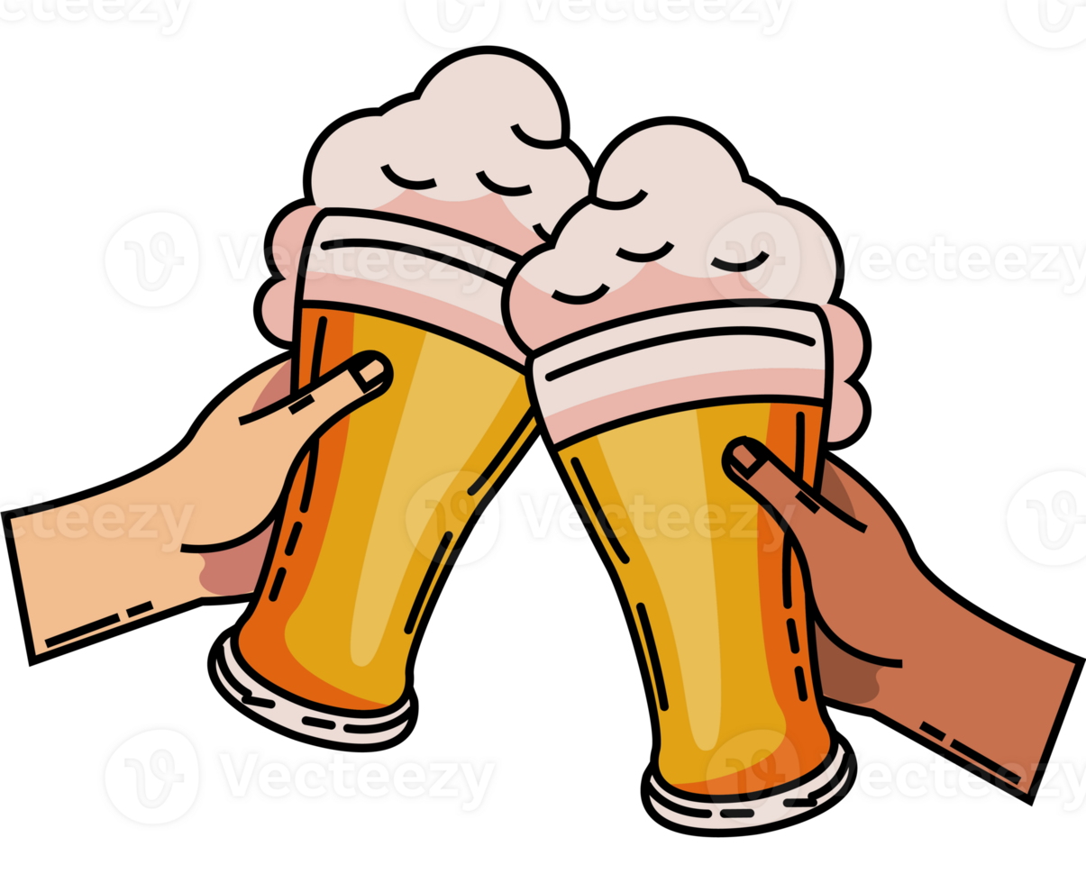 Two hands holding two beer glasses with foam png