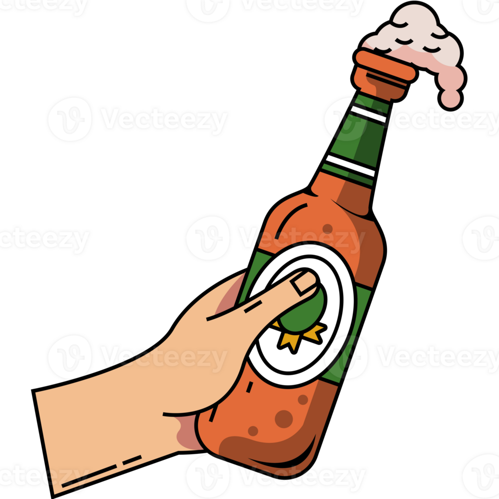 Hand holding beer bottle with foam png