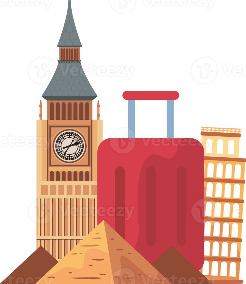 A red suitcase and a clock tower with pyramids png