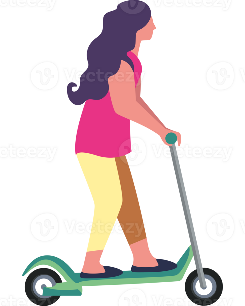 A woman riding a scooter on a black background png