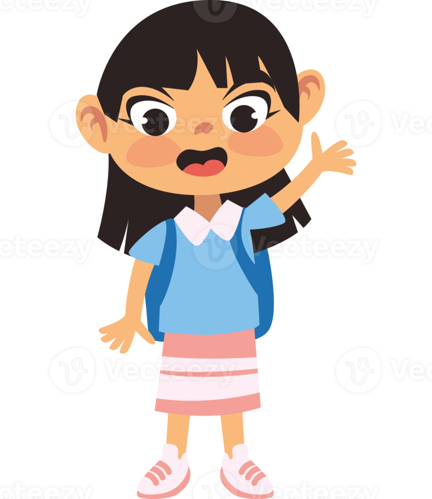 A cartoon girl with a backpack and a pink skirt png