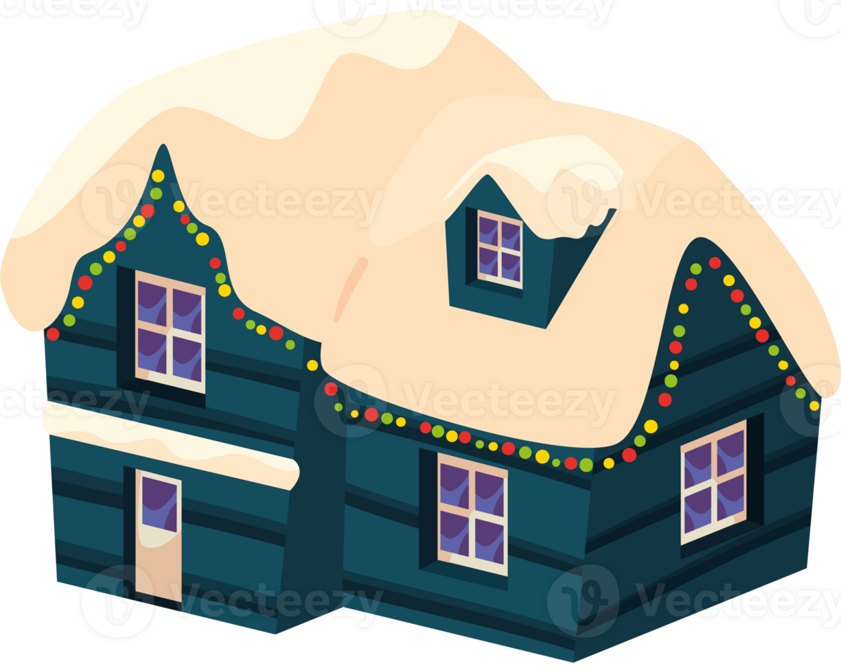 A cartoon house with a snow covered roof png