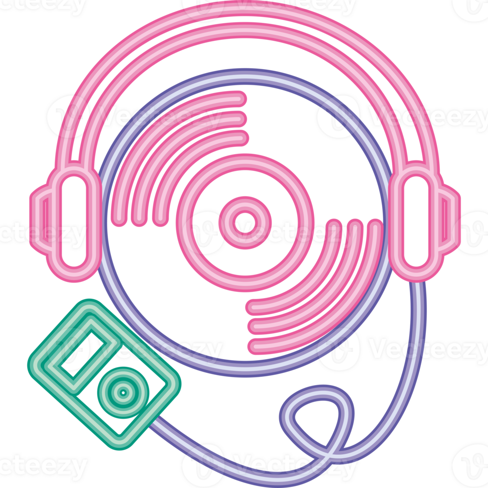 A neon sign with headphones and a record player png
