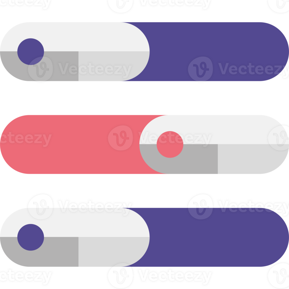 Three different colored buttons with a red and purple one png