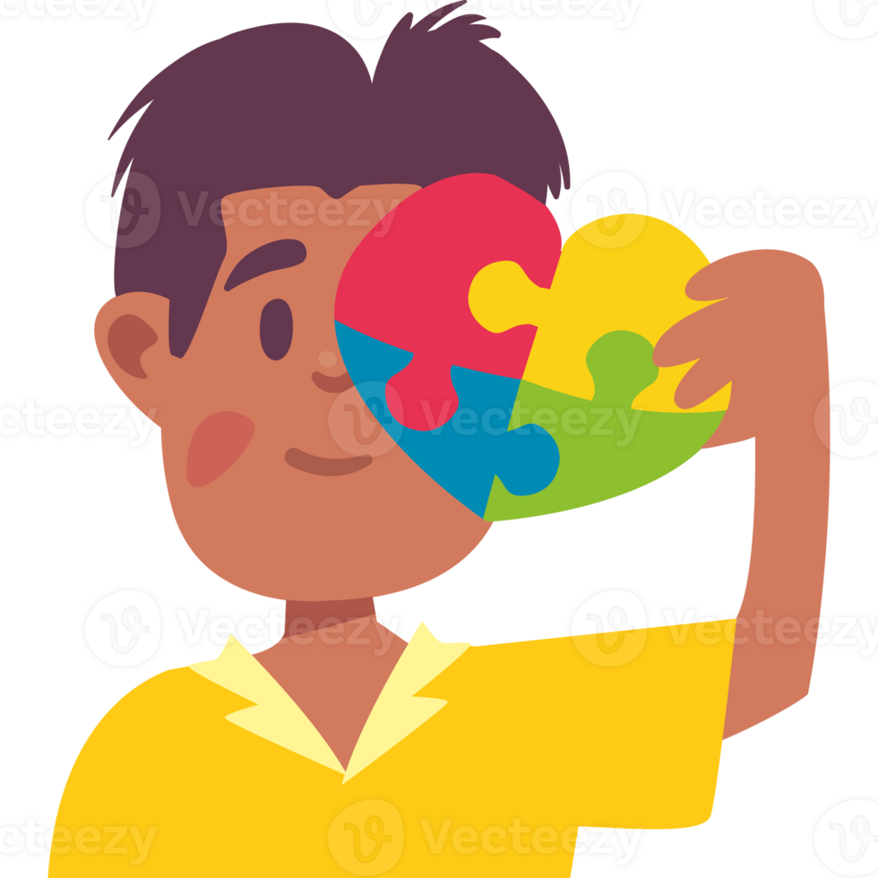 A boy holding up a puzzle piece with a heart png