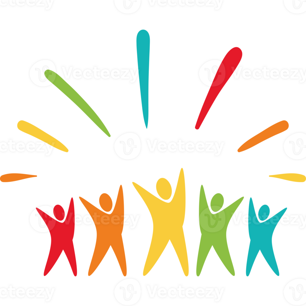A group of people holding hands in front of a rainbow png
