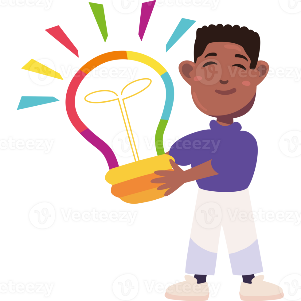 A boy holding a light bulb with a rainbow on it png