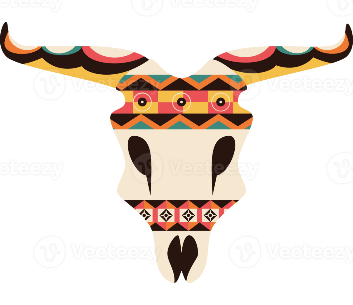 A bull skull with colorful patterns on it png
