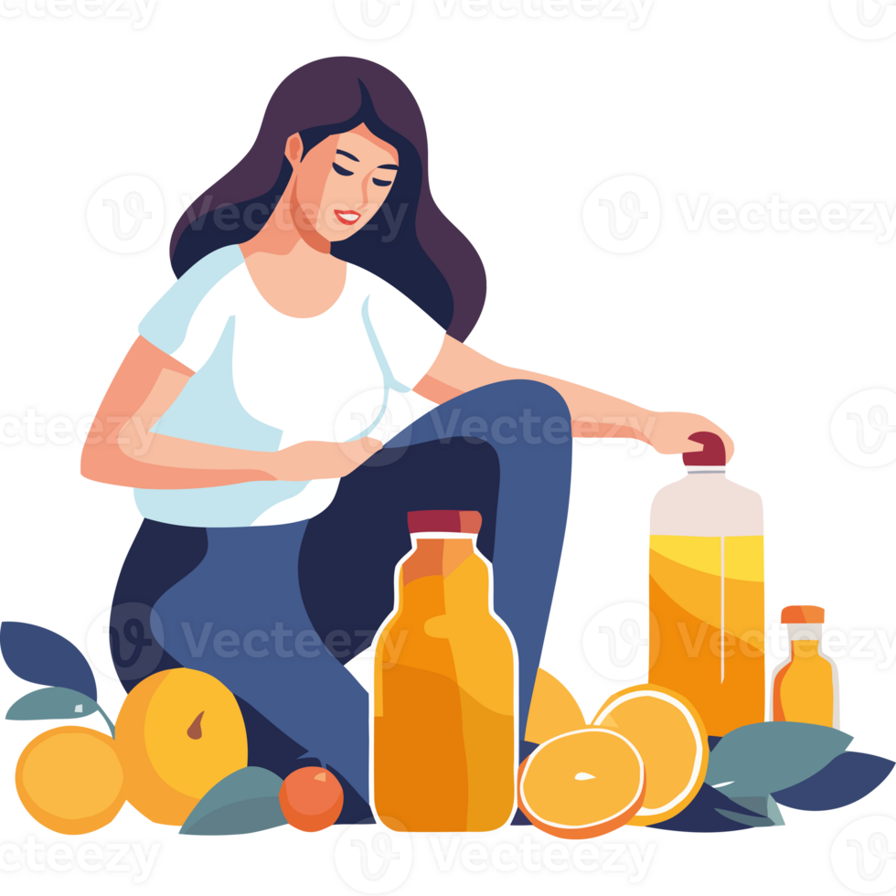 A woman is sitting on the floor with oranges and juice png