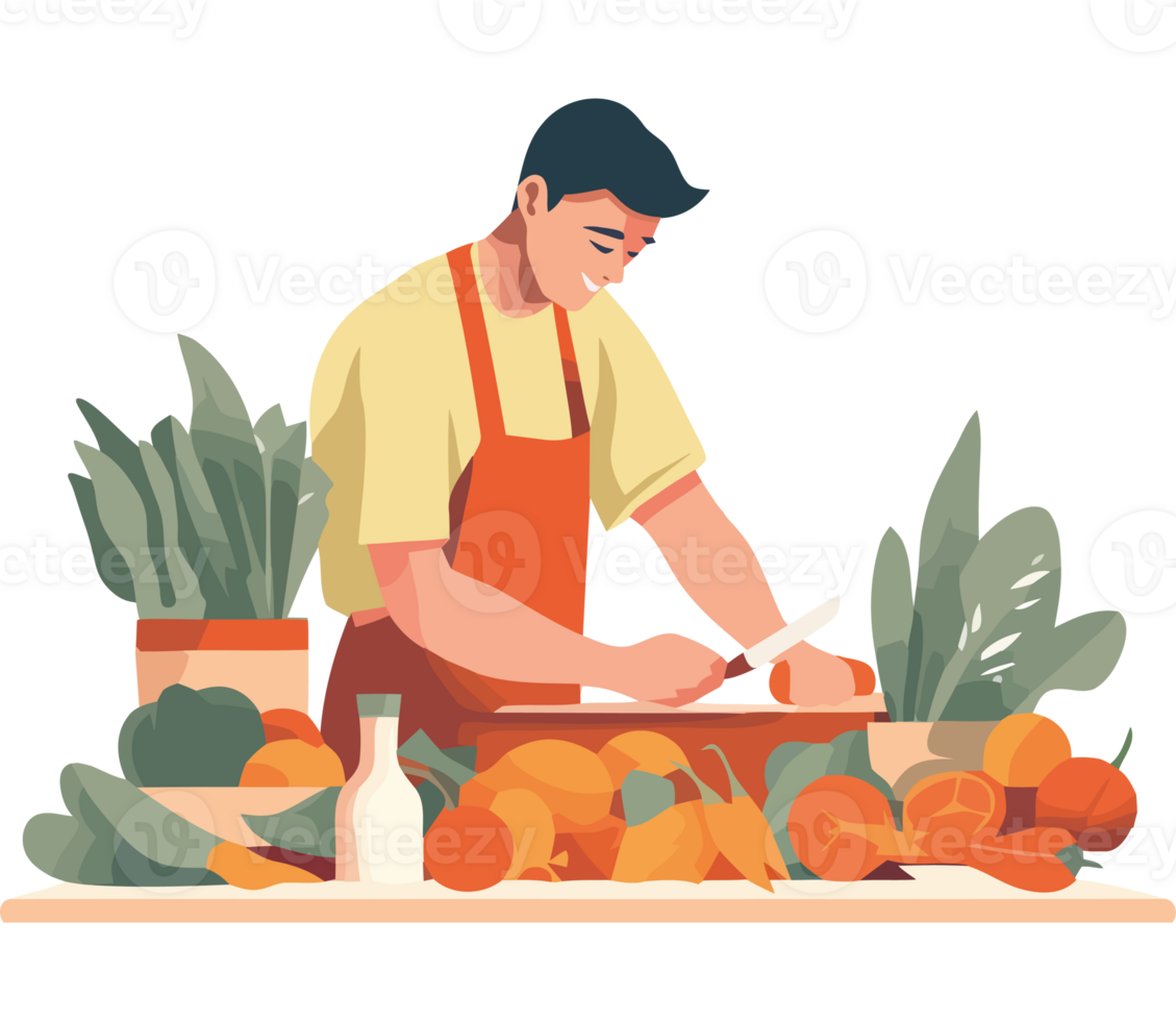 A man is cutting vegetables in the kitchen png
