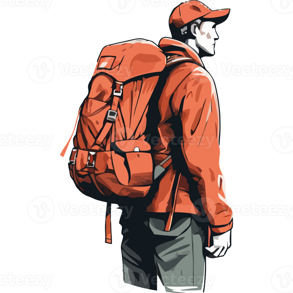 A man with a backpack standing in front of a black background png