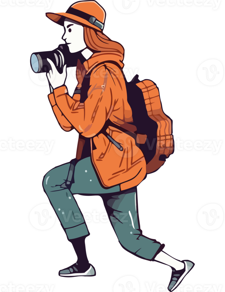 A woman with a camera and backpack is walking png