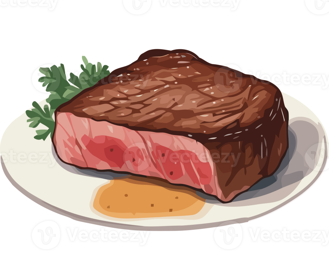 A steak on a plate with sauce and parsley png