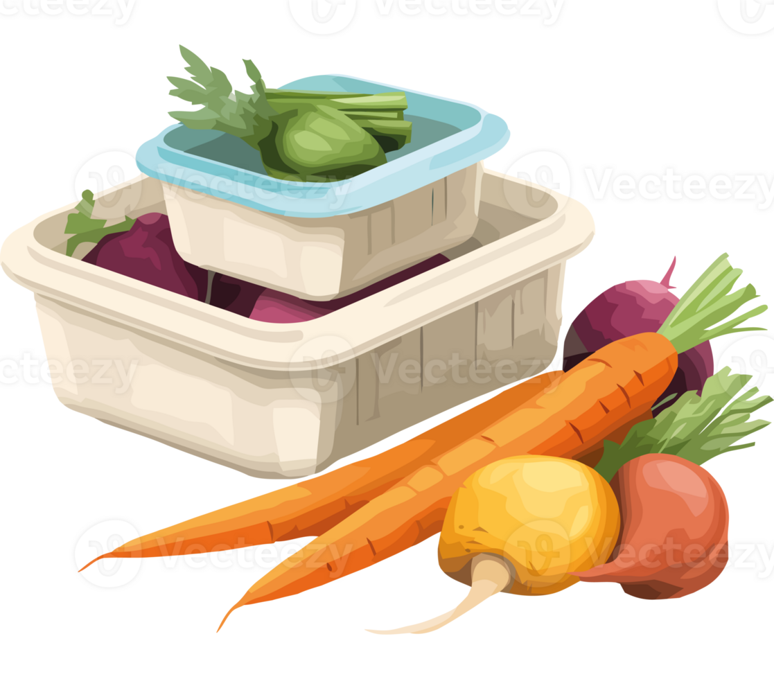 A container with carrots and other vegetables png