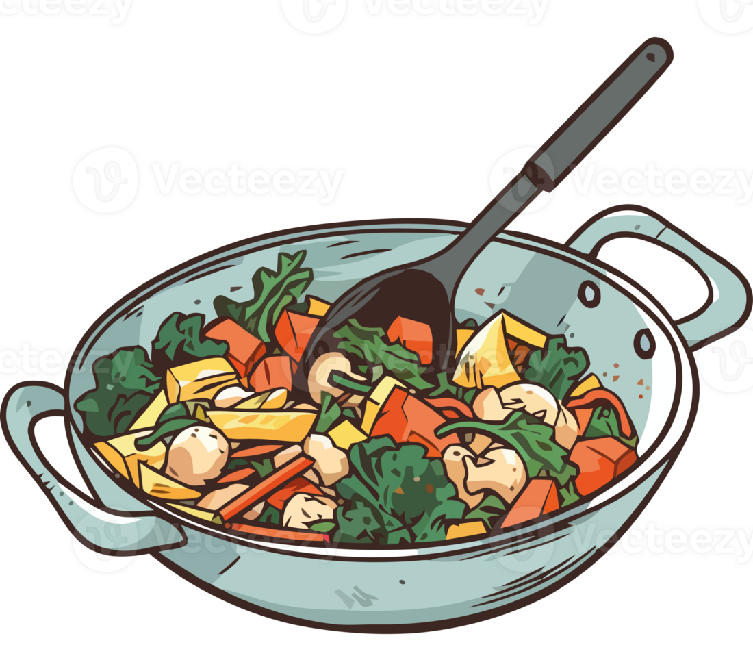 A pan with vegetables and a spoon png