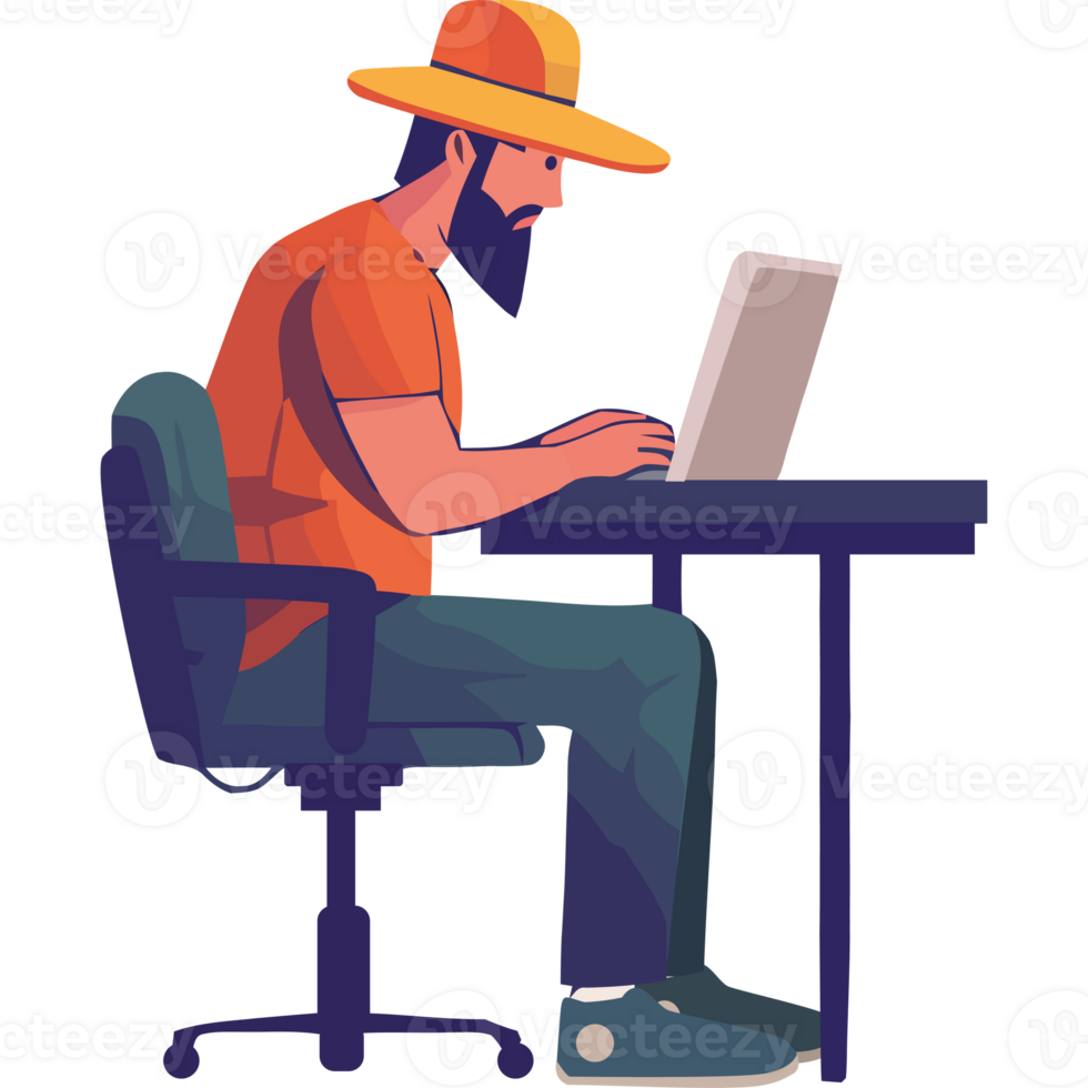 A man in a hat is sitting at a desk using a laptop png