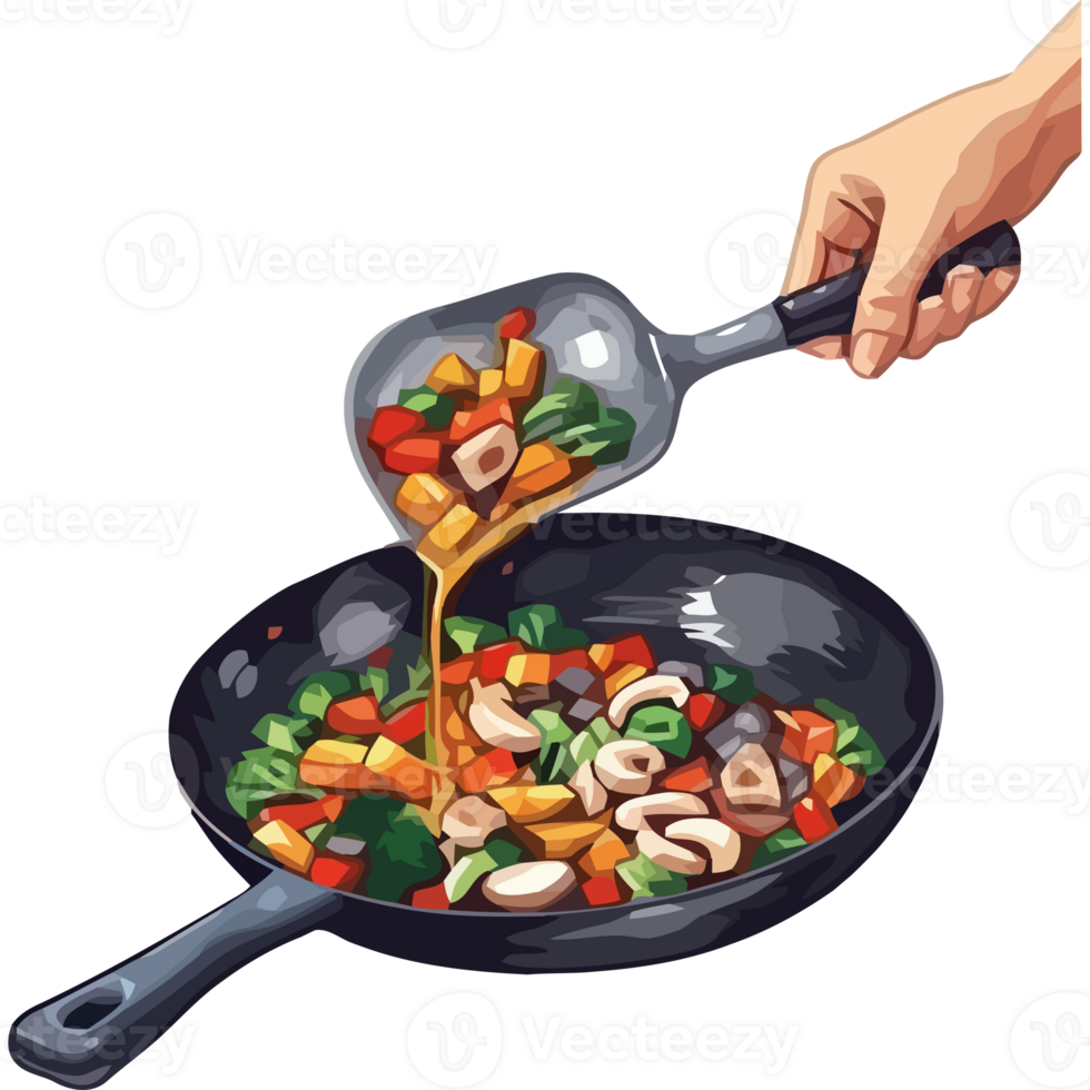 A person pouring sauce into a pan with vegetables png