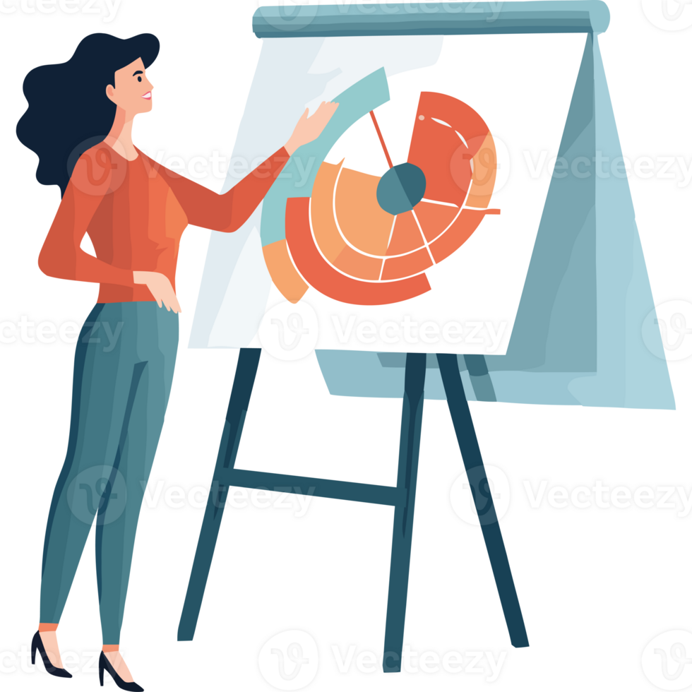 A woman is standing in front of a whiteboard with a chart on it png