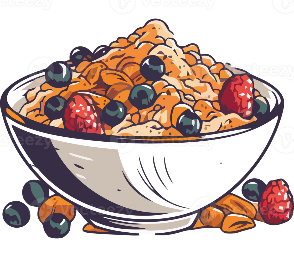 A bowl of cereal with berries and nuts png