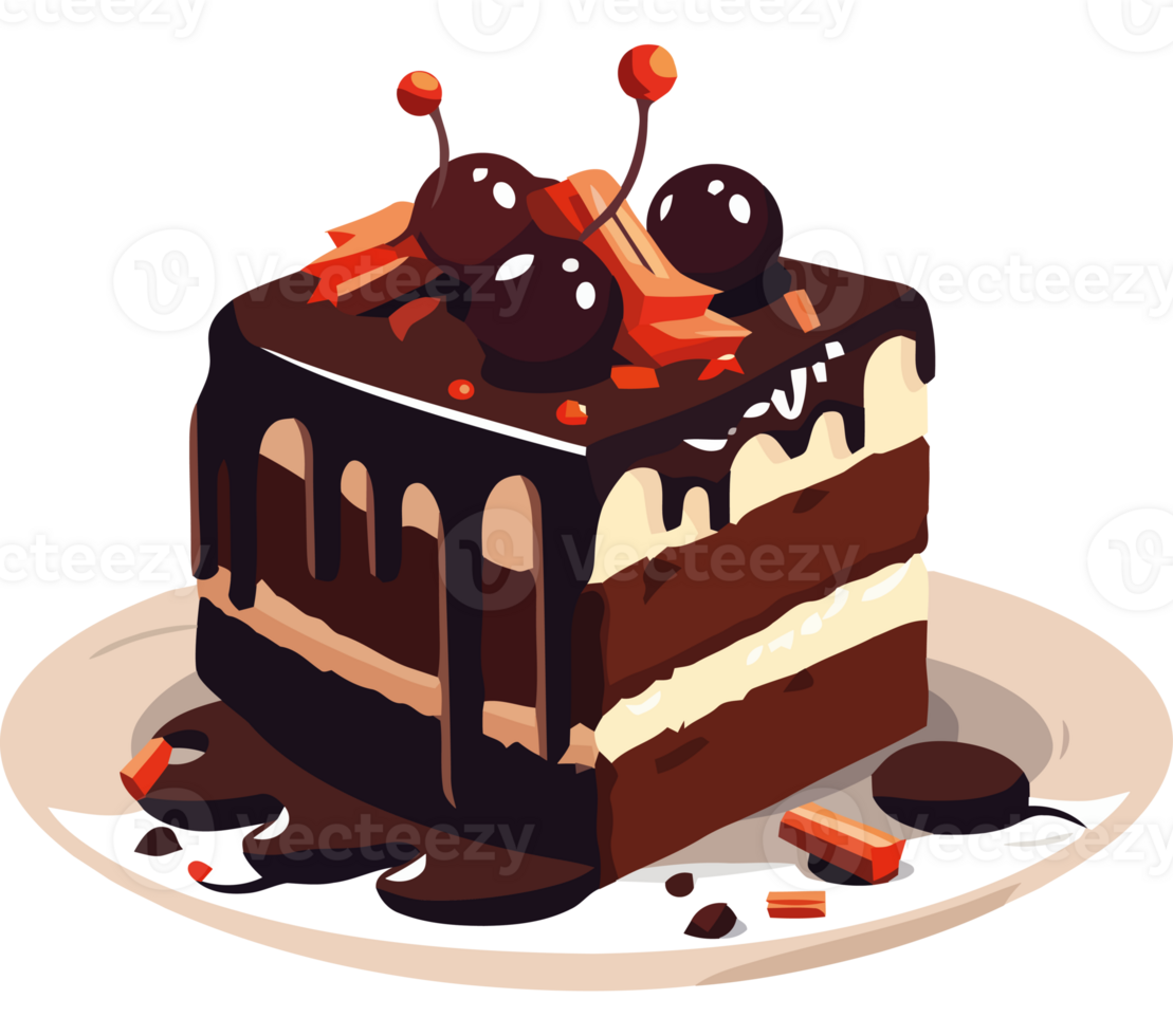 A piece of cake with chocolate and cherries on it png