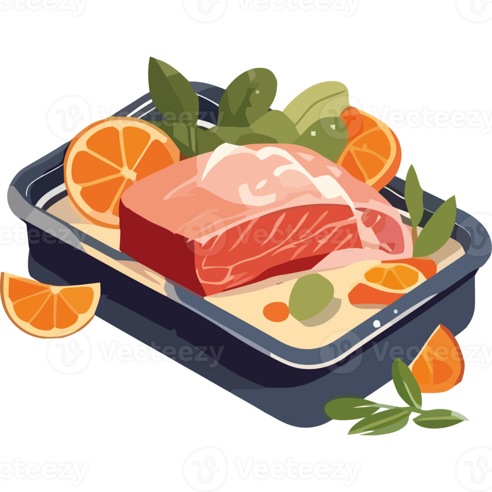 A piece of meat in a container with oranges and herbs png