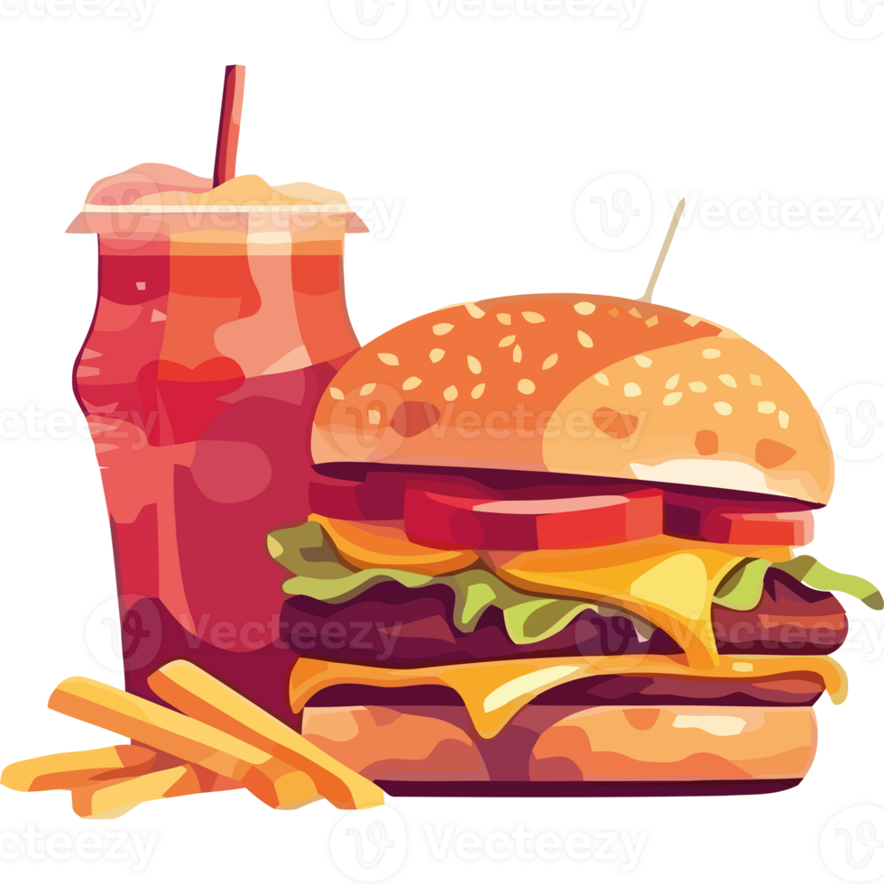 A hamburger and fries with a drink png