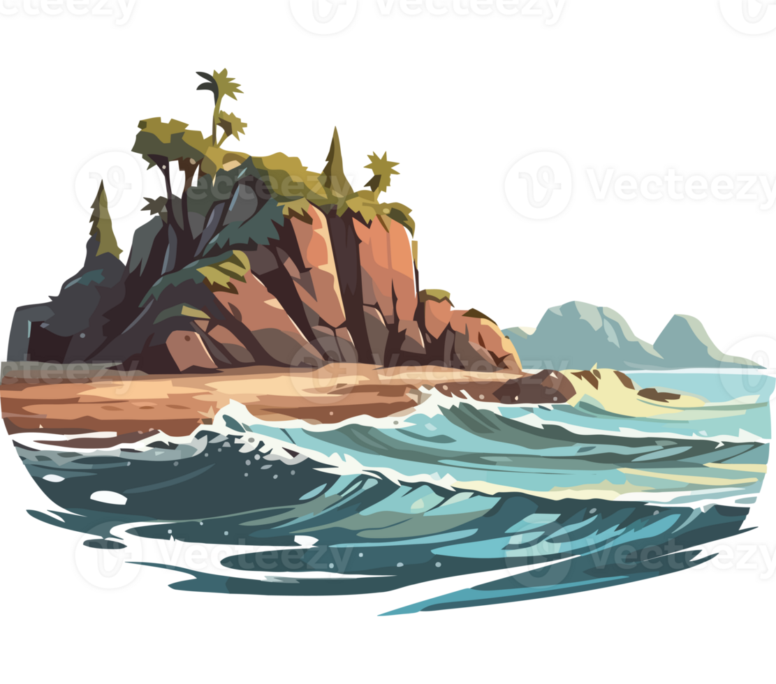 An island with palm trees and waves png