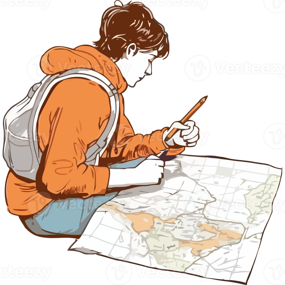 A person sitting on a map with a pencil and a map png