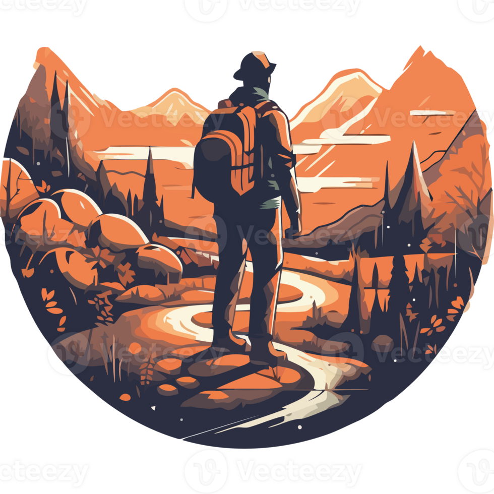 A man with a backpack is standing on a trail in the mountains png