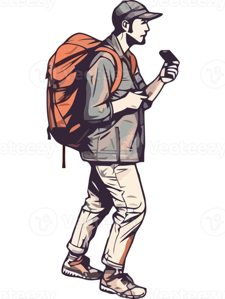 A man with a backpack walking and holding a phone png