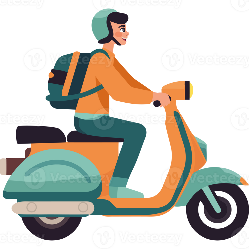 A man riding a scooter with a backpack png